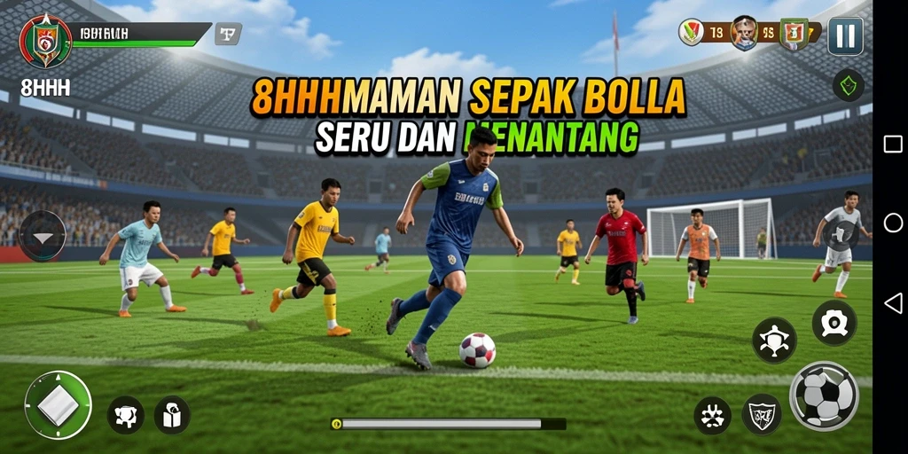 Screenshot permainan 8HHH menampilkan aksi seru di lapangan sepak bola.