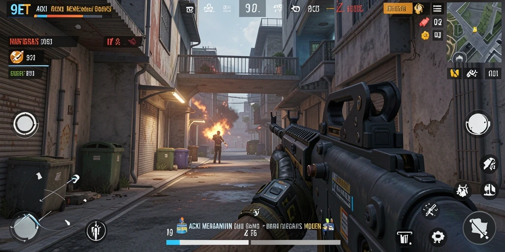 Screenshot gameplay <strong>9ET</strong> menampilkan aksi tembak-menembak yang intens.