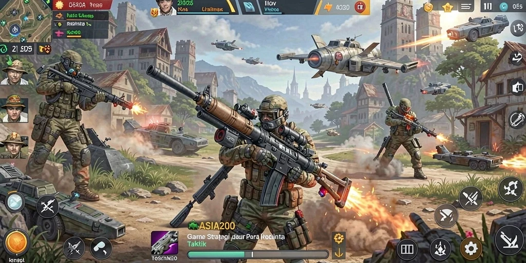 Tampilan gameplay ASIA200 yang menunjukkan pertempuran strategi yang intens.