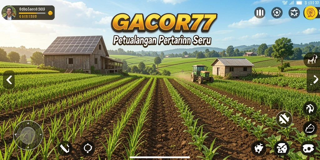 Tangkapan layar gameplay GACOR77 yang menampilkan ladang yang subur dan hewan ternak.