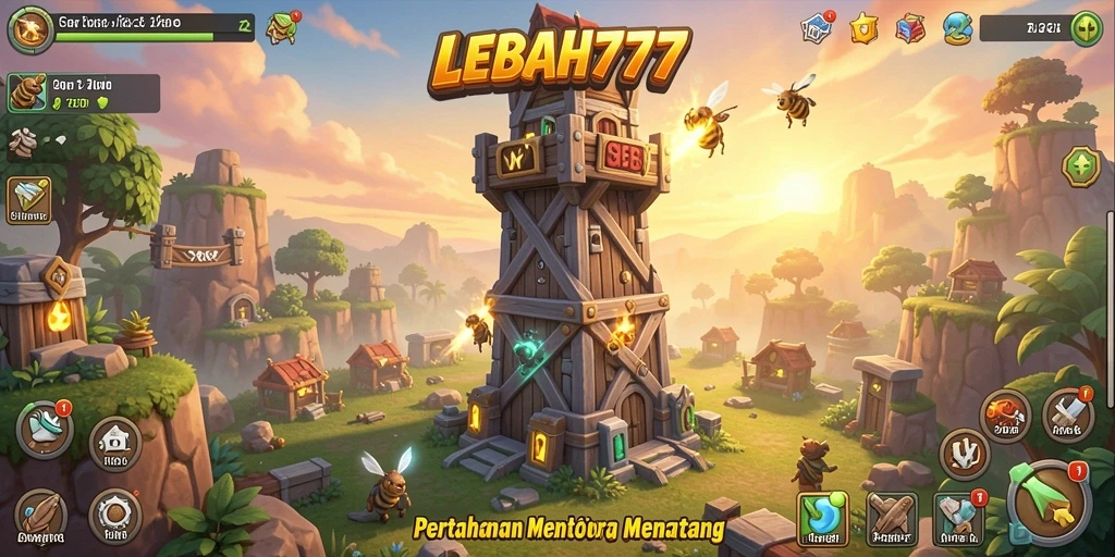 Gameplay menegangkan di LEBAH777 dengan menara dan musuh yang beragam.