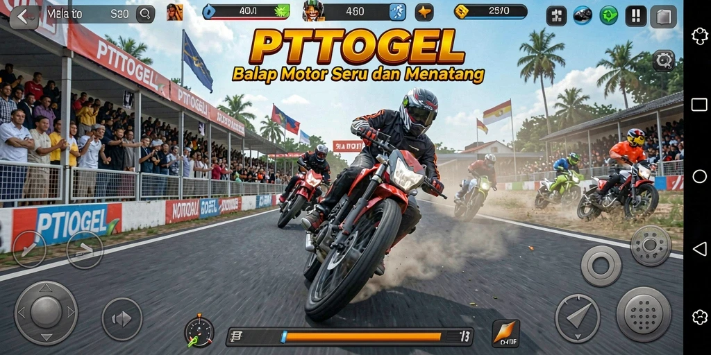 Screenshot menampilkan aksi balap motor yang mendebarkan di PTTOGEL.
